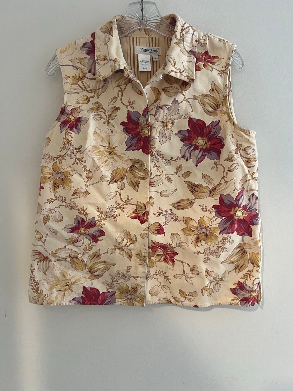 Vintage Coldwater Creek Button Down Collared Vest Cream Floral Cotton Small JL